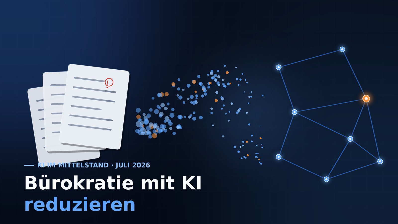 Illustration: Ein Stapel Formulare löst sich in einen blauen KI-Datenfluss auf – Sinnbild für Bürokratieabbau mit Künstlicher Intelligenz.